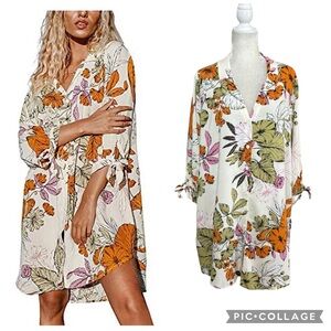 Cupshe Ivory Floral Button-Front Beach Cover-Up with Orange & Green Print Large